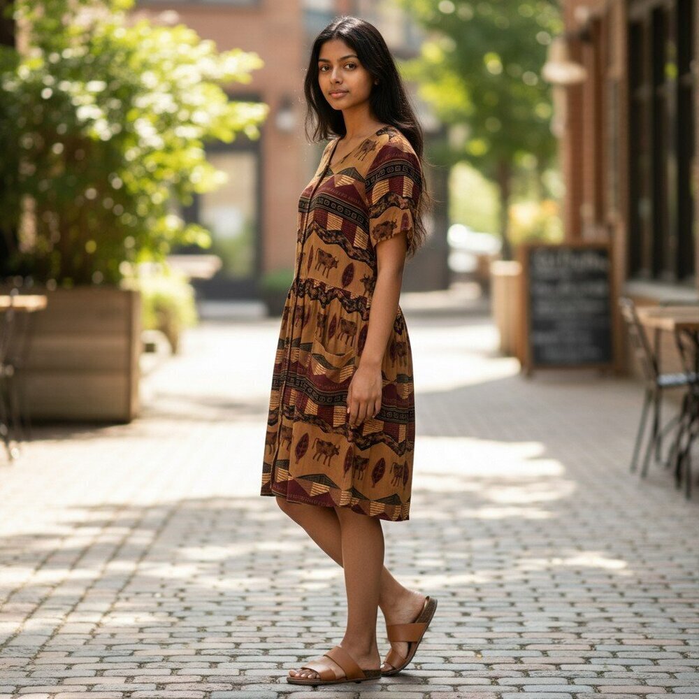VTG Brett Alixander Womens Size 10 Brown Southwestern Boho Hippie Casual Dress